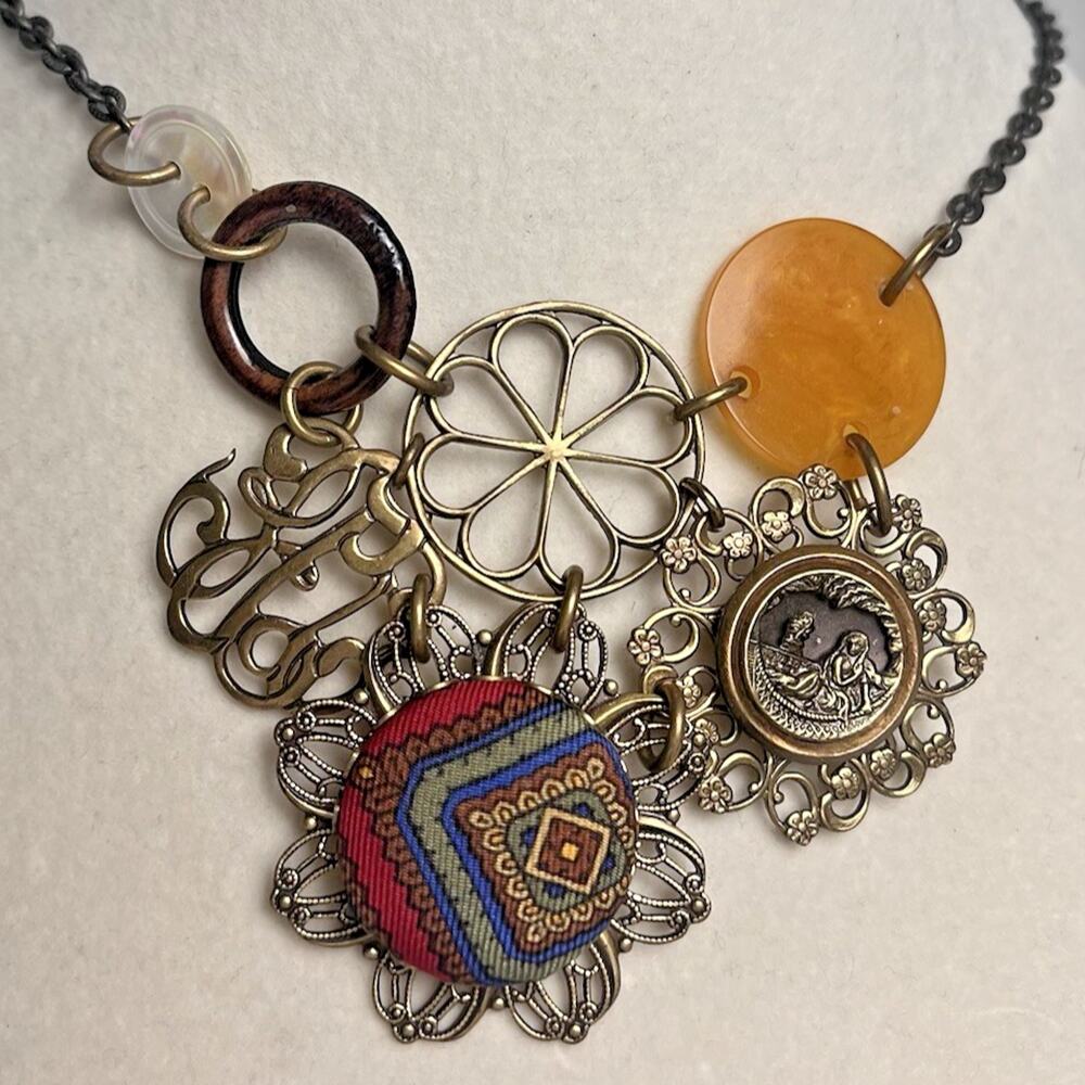Grandmother’s Buttons Bib Necklace Brass Tone Statement Boho Vintage Chic Boho